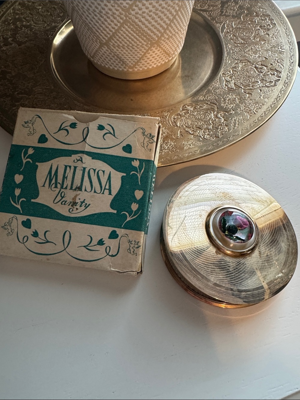 Vintage Melissa Gold-Tone Round Compact with Floral Cabochon